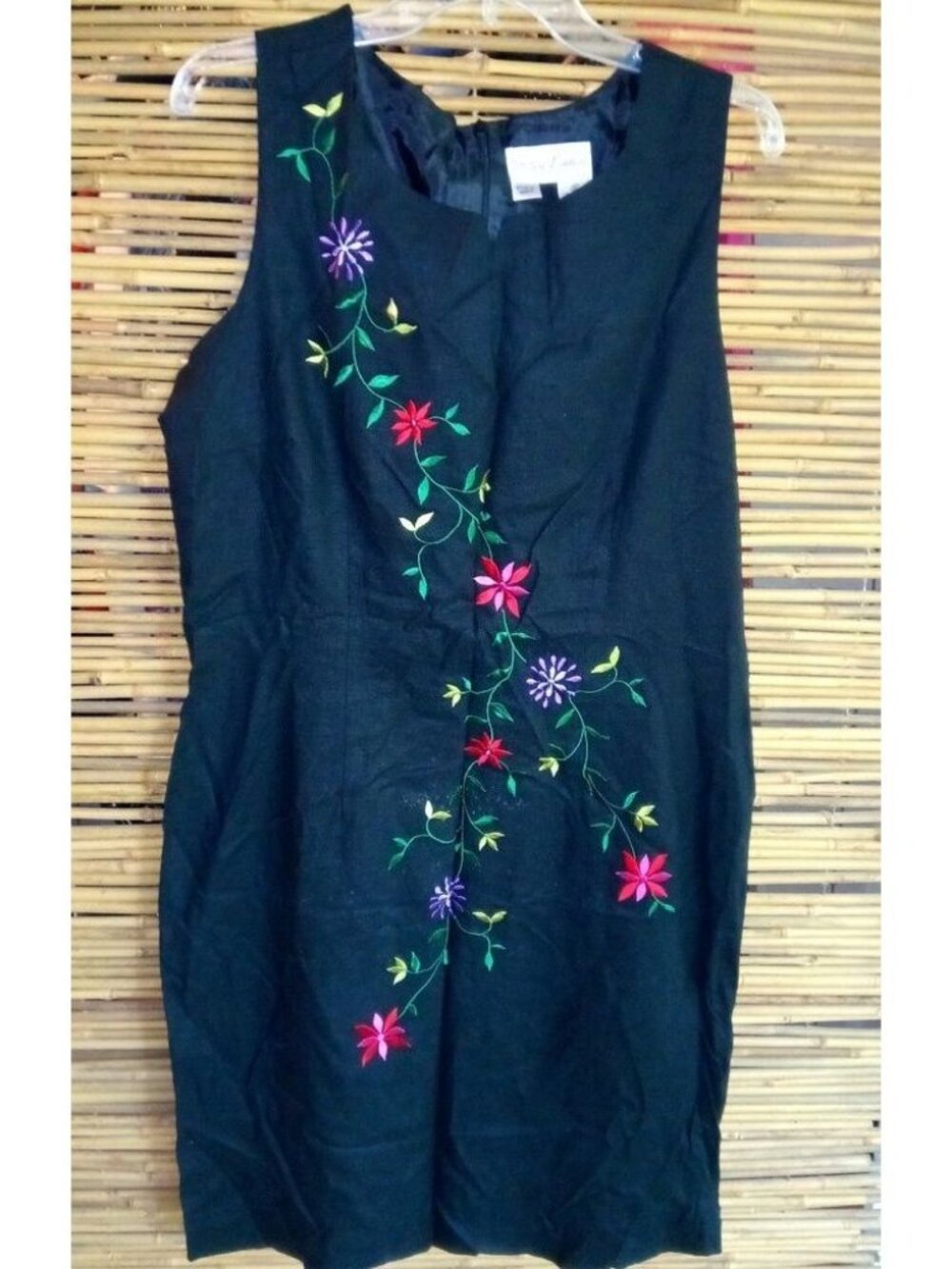 Betsy Lauren 16 Sleeveless Linen Blend Black Embroidered Shift Dress Plus